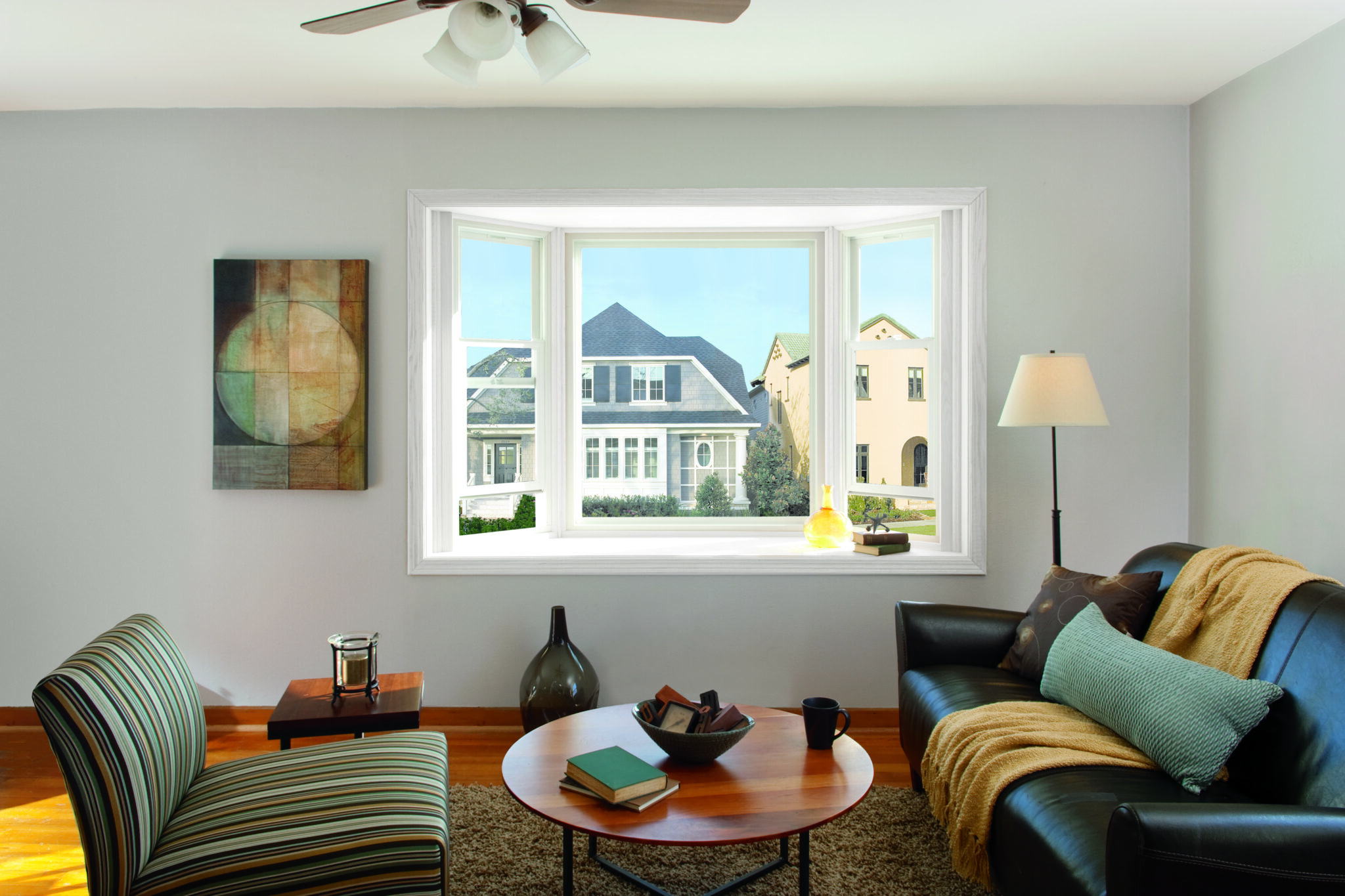 Impervia Series Fiberglass Bow Window in Livingroom Pella Windows