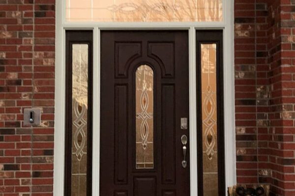 New wood entry door with sidelights and a transom window