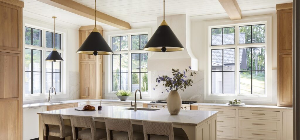 Kitchen view with three windows