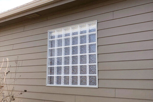 Failed glass block window exterior view