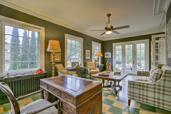 Traditional Green Office with Pella Windows with white grilles