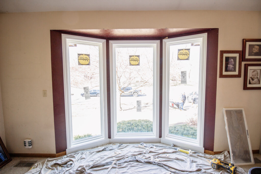 Interior living room bay vinyl windows