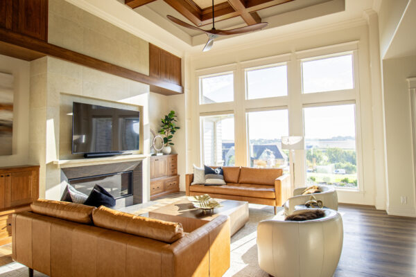 Interior white Pella windows with natural light in living room